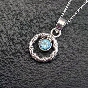 Blue Topaz Halo Wreath Sterling Silver Pendant Genuine Round Faceted Bright Blue Topaz Handcrafted Artisan Jewelry Festive Cheerful