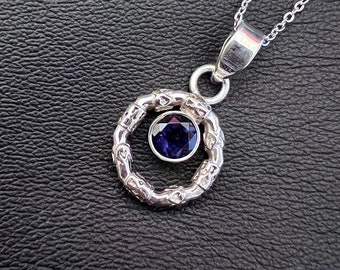 Iolite Halo Wreath Sterling Silver Pendant Genuine Round Faceted Deep Blue Iolite Handcrafted Artisan Jewelry Festive Cheerful