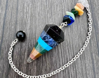 Multi-Gemstone Chakra Faceted Pendulum - Black Amethyst, Sodalite, Turquoise, Green Aventurine, Camel Jasper, Moonstone and Clear Quartz