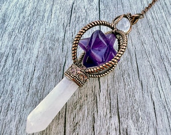 Péndulo de cobre con estrella Merkaba de amatista, adivinación, radiestesia, sanación, conexión espiritual, guía y conocimiento.