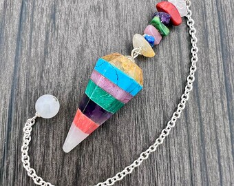 Multi-Gemstone Chakra Faceted Pendulum - Citrine, Turquoise, Rose Quartz, Malachite, Amethyst, Orange Howlite and Snow Quartz
