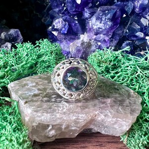 Mystic Topaz Floral Filigree Sterling Silver Ring US 8