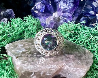 Mystic Topaz Floral Filigree Sterling Silver Ring US 8