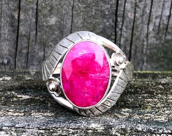 Ruby Oval Floral Sterling Silver Ring US 7.5