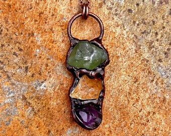 Triple Fluorite Citrine Amethyst Antiqued Copper Pendant Necklace Colorful Electroformed Handcrafted Artisan Jewelry