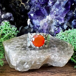 Carnelian Faceted Round Floral Sterling Silver Ring US 6