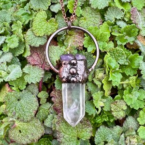 Clear Quartz Point Amethyst Druzy Crown Antiqued Copper Pendant Necklace Electroformed Artisan Jewelry