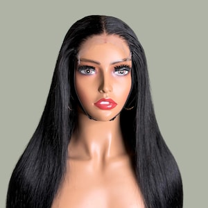 Peluca de 22" de cabello humano liso color hueso, color negro azabache, cierre de encaje HD de 5x5 imagen 1