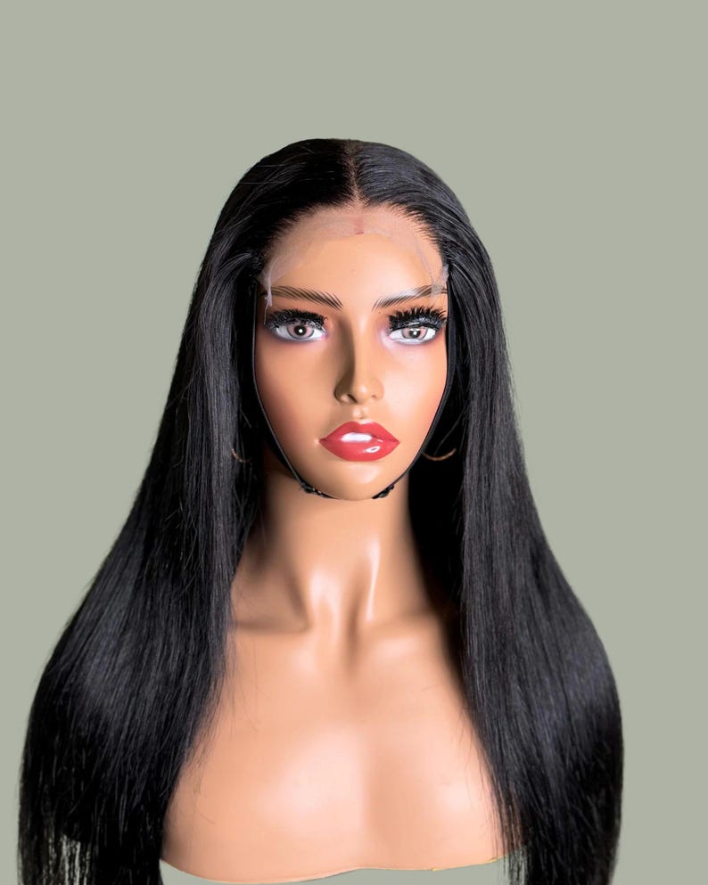 Peluca de 22" de cabello humano liso color hueso, color negro azabache, cierre de encaje HD de 5x5 imagen 1