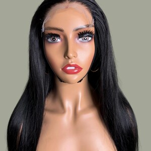 Peluca de 22" de cabello humano liso color hueso, color negro azabache, cierre de encaje HD de 5x5 imagen 5