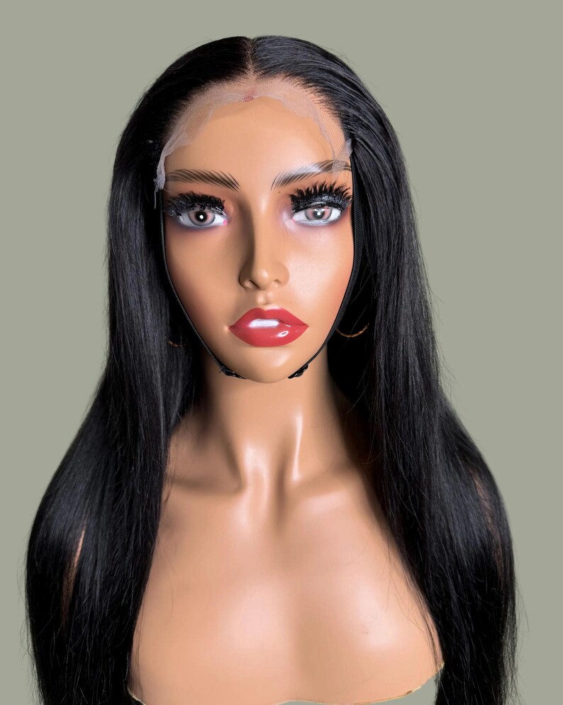 Peluca de 22" de cabello humano liso color hueso, color negro azabache, cierre de encaje HD de 5x5 imagen 5