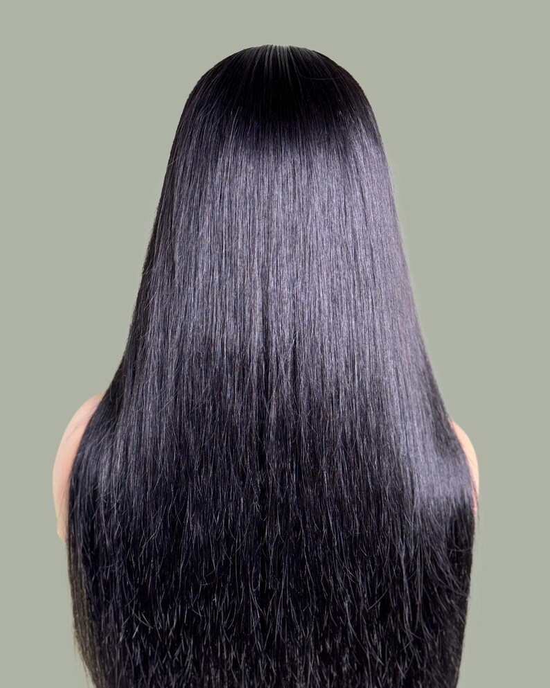 Peluca de 22" de cabello humano liso color hueso, color negro azabache, cierre de encaje HD de 5x5 imagen 4