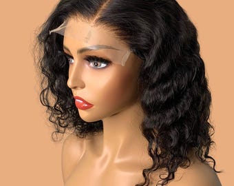 Peluca de cabello humano virgen con ondas profundas: corte pixie frontal personalizado sin pegamento (25 cm)