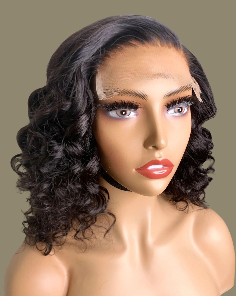 Deep Wave Hair Transparent Lace Closure Wig Natural Hairline Appearance Medium Size Unit Pre Plucked Design Tinted Lace Construction Bleached Knots Feature Black Women Extension Protective Styling Option Glueless Application Twelve Inch