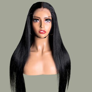 Peluca de 22" de cabello humano liso color hueso, color negro azabache, cierre de encaje HD de 5x5 imagen 2