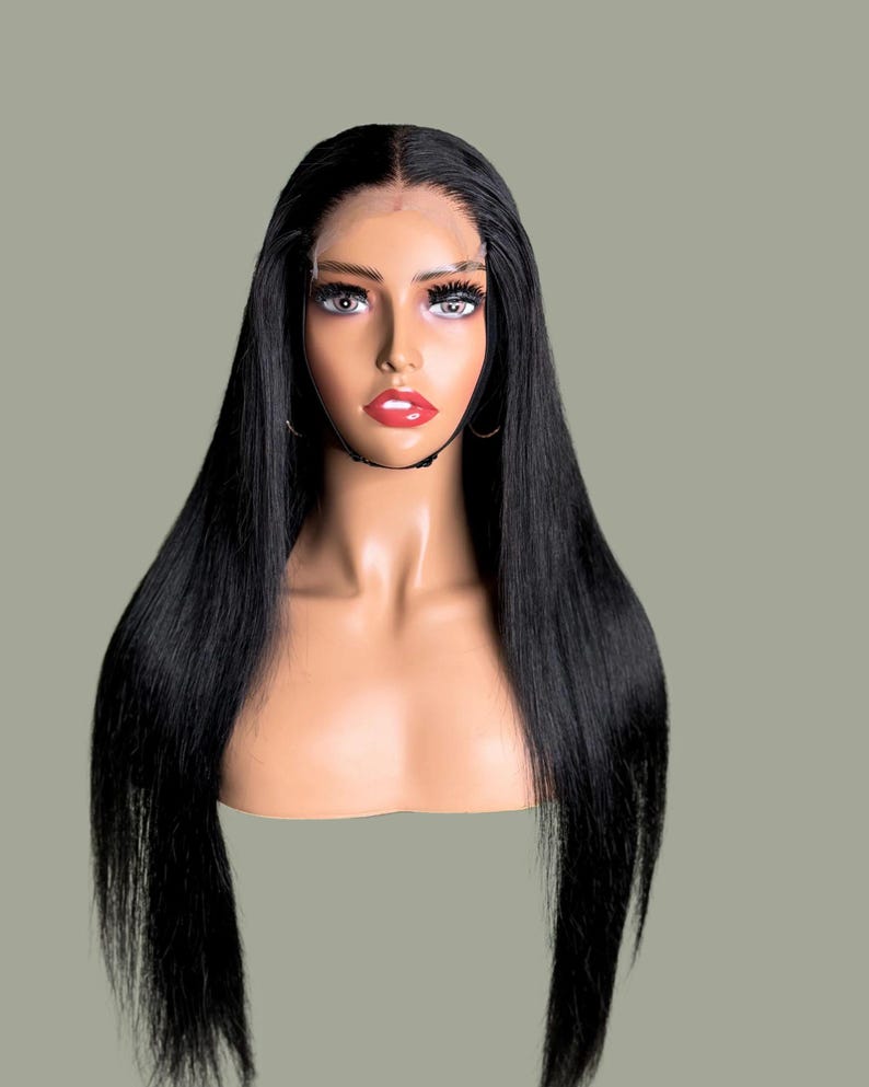 Peluca de 22" de cabello humano liso color hueso, color negro azabache, cierre de encaje HD de 5x5 imagen 2