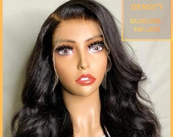 Peluca frontal de encaje HD sin pegamento: cabello humano indio virgen de 13x6, densidad de 200, ideal para personas con alopecia.