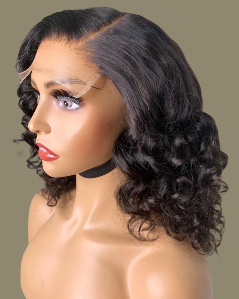 Medium Size Wig Transparent Lace  Five By Five Closure Construction Deep Wave Pattern Virgin Hair Quality Twelve Inches Length Pre Plucked Hairline Natural Looking Appearance Black Women Extension Protective Style Option Bleached Knots