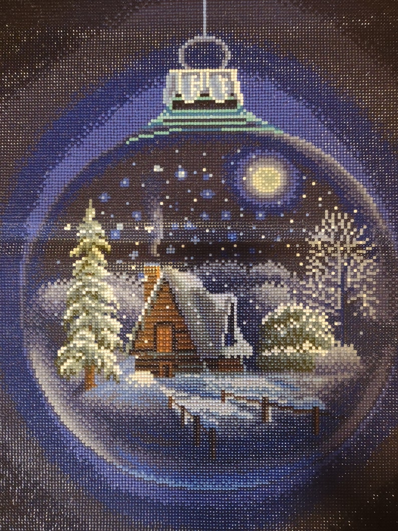 Christmas Ornament Cozy Log Cabin in the Snowy Woods Completed Diamond