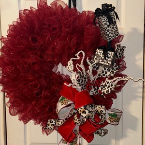 Huge Christmas Red Deco Mesh Wreath With Leopard Print Adornments Of Presents, Snow Covered Branches, Berry Twigs & Coordinating Ribbon