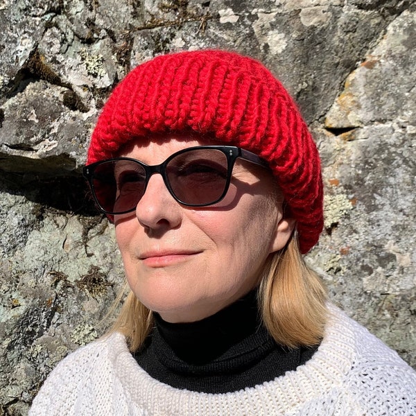 Red Winter hat - Chunky Knit Beanie -  Ribbed Beanie - Handmade Beanie Hat - Wool Hat - Made of 100% Norwegian Wool