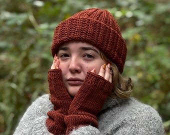 Handmade Wool Beanie Hat and Knit Gloves Set - 6 Colors