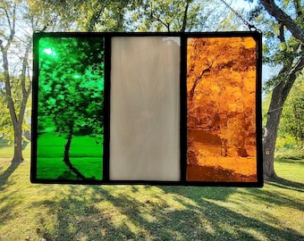 Bandera de Irlanda en vidrieras / Bandera irlandesa / Patrimonio de Irlanda / Patrimonio irlandés / Bandera de Irlanda / Arte irlandés en vidrieras / Día de San Patricio