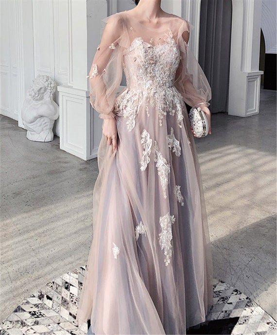 Illusion Long Sleeves Prom Dress With AppliquesBlush Pink | Etsy