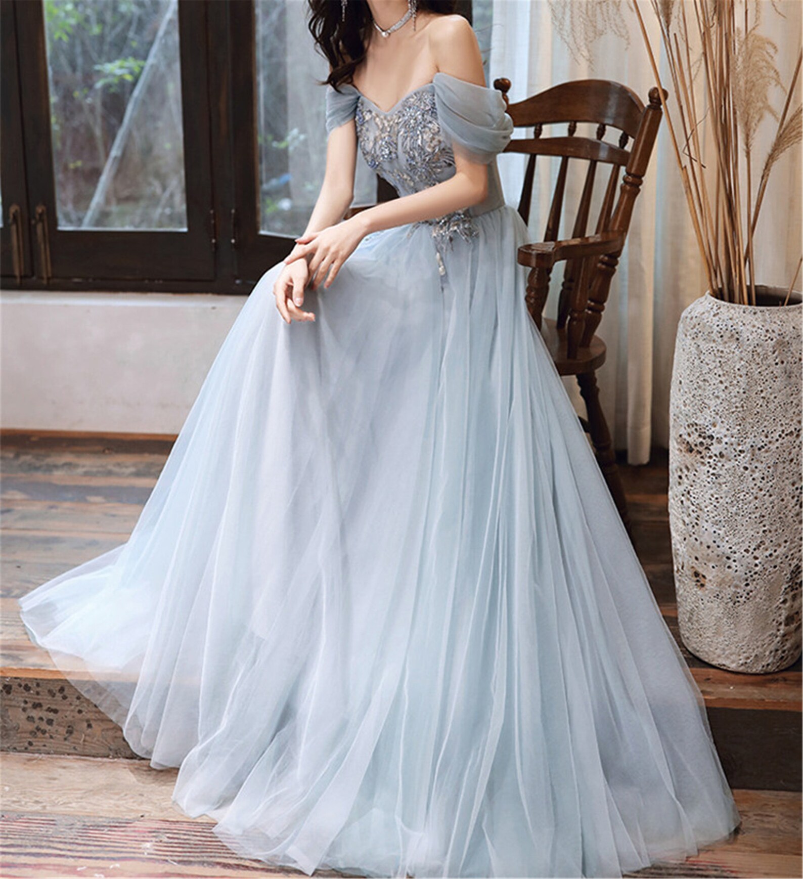 Vestido de fiesta de novia azul claro fuera del hombro para la Etsy Vestido de fiesta de novia azul claro fuera del hombro para la Etsy