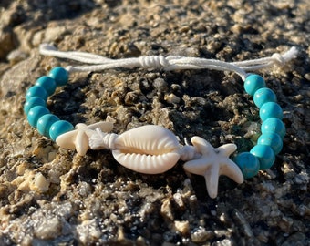 Handmade Cowrie Shell Bracelet | Stone Starfish Pendants  | Turquoise Beads | Beach Jewellery | Surf-Style | Boho-Beach | Summer Bracelet |