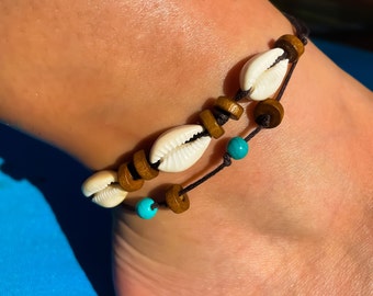 Beach Anklet with Cowrie Shells and Wooden Beads | Double-Layer Waterproof Waxed Cord | OBX Style  | Summer Vibe Surf Anklet | Holiday