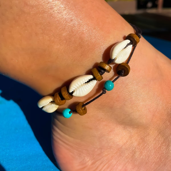 Beach Anklet with Cowrie Shells and Wooden Beads | Double-Layer Waterproof Waxed Cord | OBX Style  | Summer Vibe Surf Anklet | Holiday