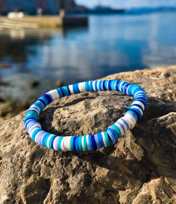 Beach Style Bracelet Blue White and Turquoise Polymer Clay Beads