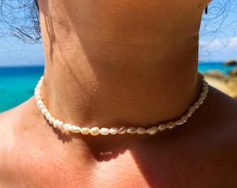 Pearl Choker/Necklace | Handmade Freshwater Pearl Jewellery | Adjustable | Irregular Shaped Pearls | Silver-Plated Catch & Extender