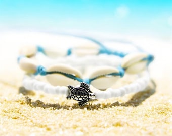 Shell Anklet Set | Shell Anklets UK | Turtle Charm | Handmade Turquoise and White Jewellery | Boho Beach Style | Ben's Beach UK
