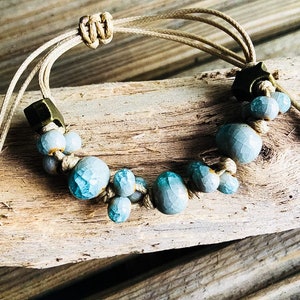 Beaded Bracelet | Light Blue Ceramic Crackle Beads | Brass Stars | Boho-Beach Style | Ben&#39;s Beach, London