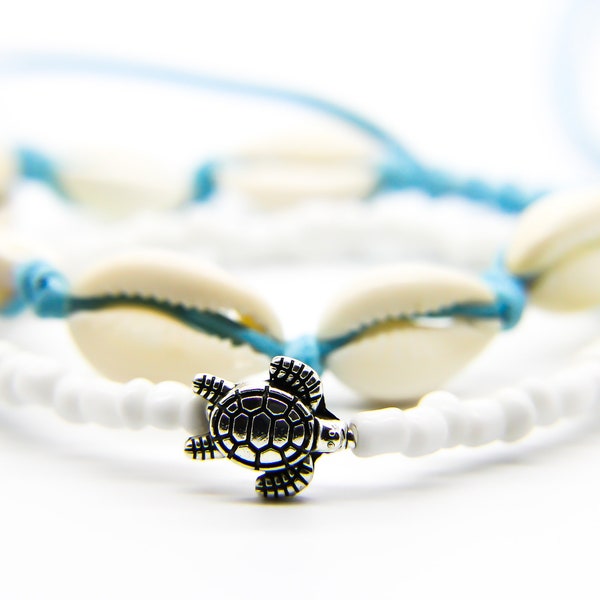 Shell Anklet Set | Shell Anklets UK | Turtle Charm | Handmade Turquoise and White Jewellery | Boho Beach Style | Ben's Beach UK