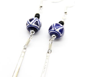 Silver Drop Earrings | Dangly Earrings with Blue and White Beads | Handmade Silver Earrings | Gift for Her | Birthday Earrings | Ben's Beach