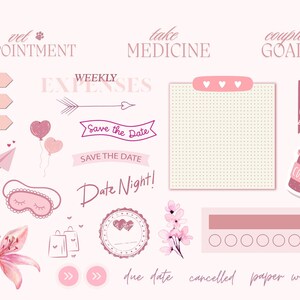 Könnte beinhalten: Eine Sammlung von rosa und braunen Planeraufklebern und Grafiken. Enthält Textelemente wie "Vet Appointment", "Take Medicine" und "Couple Goals". Enthält auch ein Papierflugzeug, Luftballons und eine Kaffeetasse.