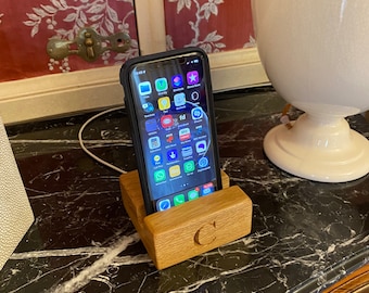 Personalised Oak Phone Stand. Charging Stand Holder, Engraved Birthday Gift!