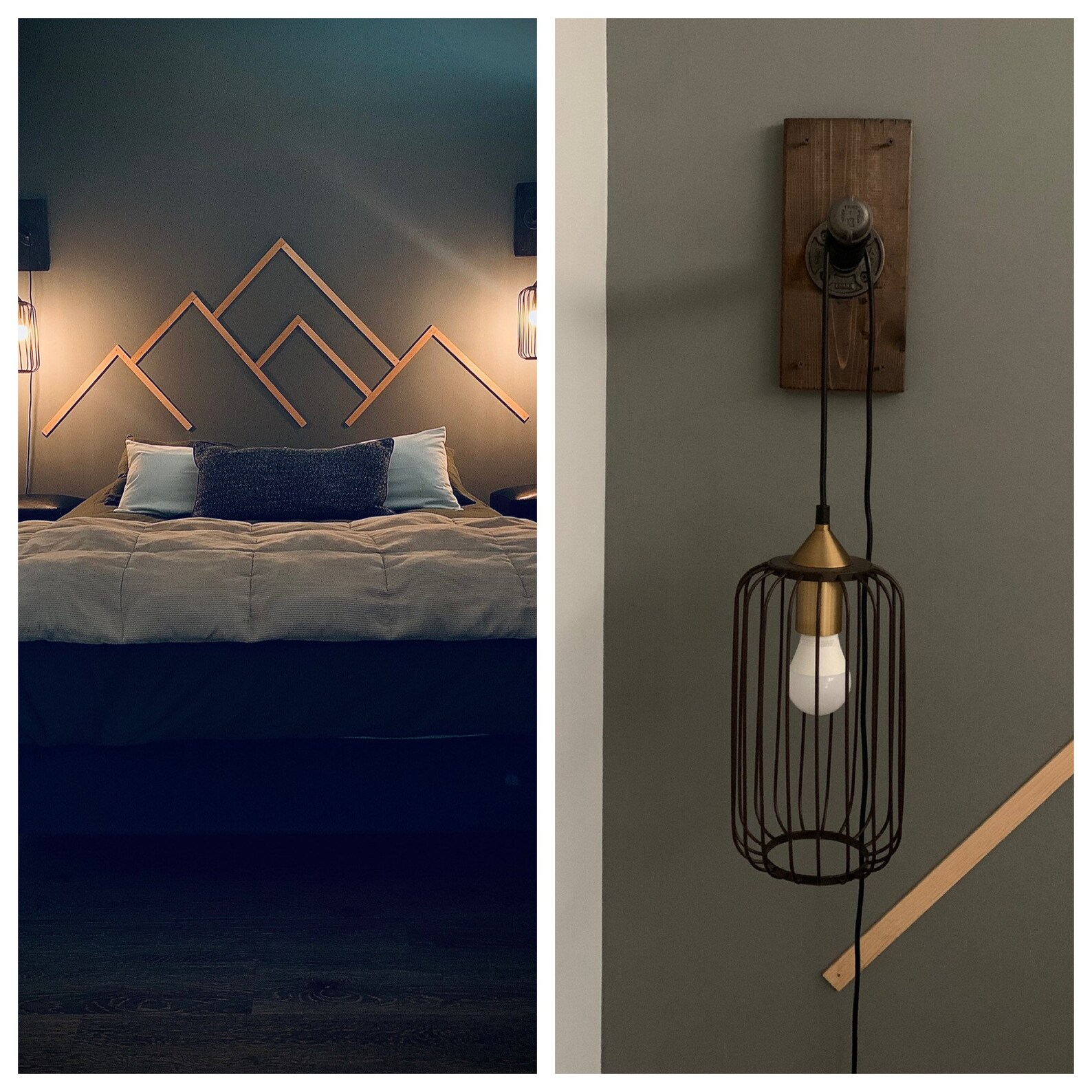 Headboard Bedside Lamp Set Wood Art Rustic Minimalist Etsy