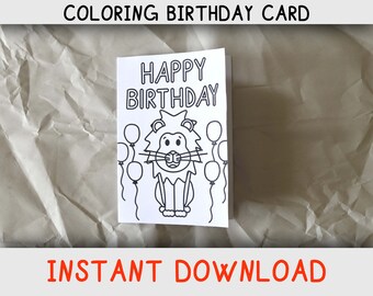 Carte de coloriage joyeux anniversaire pour les enfants qui aime les lions et les pages à colorier, carte d'anniversaire imprimable pour les amoureux des animaux, téléchargement immédiat