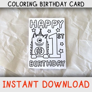 Cartão para colorir de feliz aniversário para criança de um ano que adora páginas para colorir e monstros, cartão de aniversário para imprimir para o primeiro aniversário, baixar