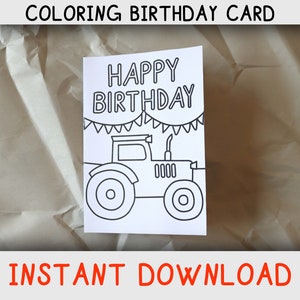 Biglietto da colorare di buon compleanno per bambini che amano i trattori e pagine da colorare, per gli amanti dei trattori, download istantaneo, biglietto d'auguri stampabile