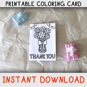 Tarjeta de agradecimiento para colorear imprimible con un ramo de flores, tarjeta de agradecimiento de descarga digital instantánea para que los niños la regalen, regale a los niños