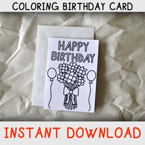 Happy Birthday Coloring Card with flower bouquet to color, Printable Birthday card for flower lovers, Instant download, coloring page card
