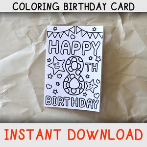 Biglietto da colorare di buon compleanno per un bambino di otto anni che ama le pagine da colorare, biglietto di compleanno stampabile per l'ottavo/ottavo compleanno, download istantaneo