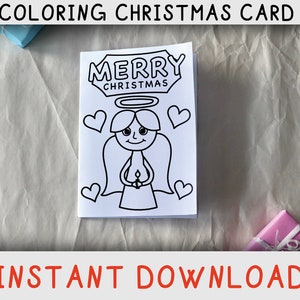 Cartolina di Buon Natale pieghevole stampabile da colorare con un angelo e cuori da colorare per i bambini, download digitale istantaneo, PDF e JPEG