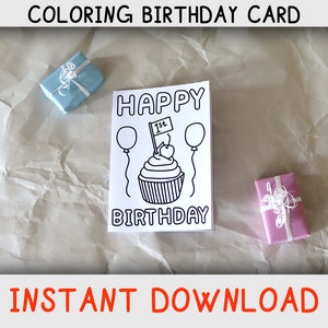 Cartão para colorir de feliz aniversário para criança de um ano que adora páginas para colorir, cartão de aniversário para imprimir para o primeiro aniversário com download de cupcake