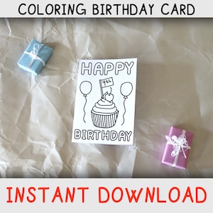 Carte de coloriage joyeux anniversaire pour neuf ans qui aime les pages à colorier et les cupcakes, carte d'anniversaire imprimable pour le neuvième anniversaire, télécharger